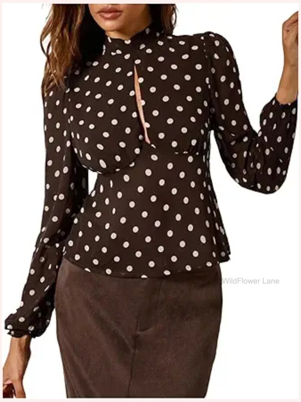 Elegant Polka Dots Blouse With Mock Neck & Tie Back Women's Tops